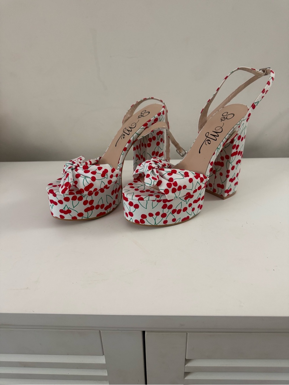 So Me White Platform Slingback Heels with Red Cherry Print